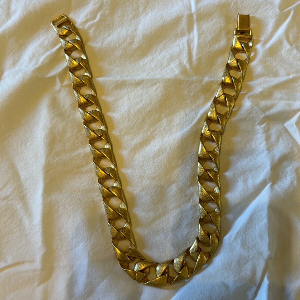 Brushed gold link necklace, 17 inches long.